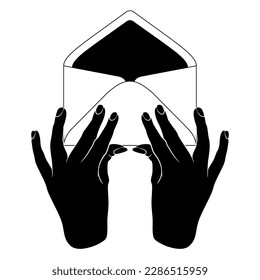 Manos humanas con un sobre de papel abierto. Concepto creativo. Silueta blanca y negra. 
