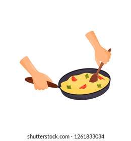 Human hands holding pan with a delicious dish, cooking process vector Illustration on a white background