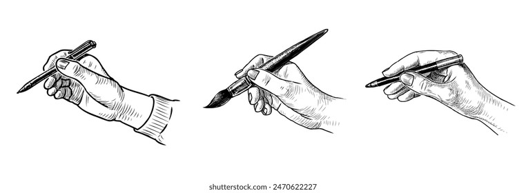 Human hands holding pen, brush, pencil, writing instrument, write, draw, sketch realistic, vector hand drawing isoated on white