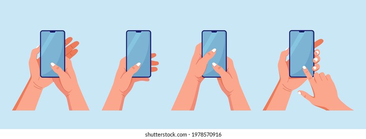 Manos humanas sosteniendo el teléfono con pantalla en blanco. El brazo del hombre está tocando la pantalla del smartphone con el dedo. Ilustración del vector