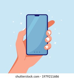 Human hands holding phone with blank screen. Man arm is touching smartphone display. Vector illustration