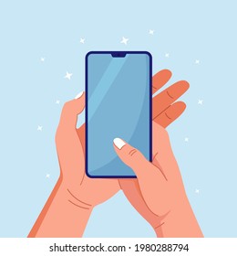 Human hands holding phone with blank screen. Man arm is touching smartphone display. Vector illustration