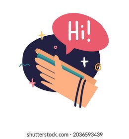 Human hands are holding a phone. Icon of hands a smartphone for communication. Cartoon style. Vector