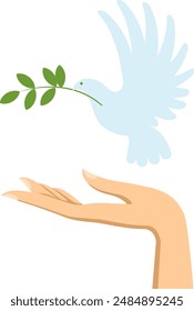 Human Hands Holding the Pigeon. Concept of the International Peace Day. Open Palms Support Flying Dove