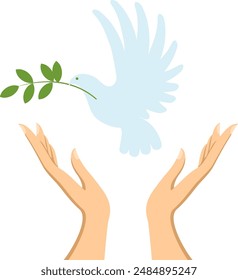 Human Hands Holding the Pigeon. Concept of the International Peace Day. Open Palms Support Flying Dove