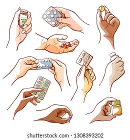 Human hands holding pills, medicines and drugs. Treatment or prevention of disease help. Vector line art illustration on white background