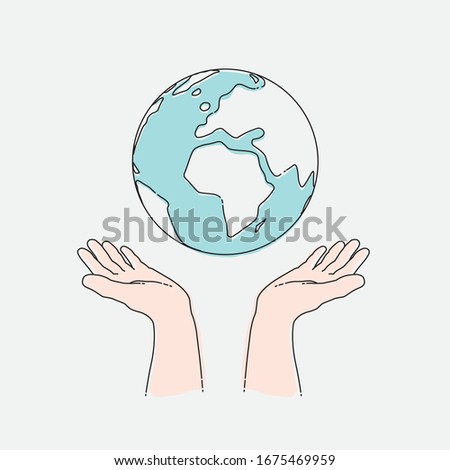 Human hands holding planet Earth, ecology concept. Hand draw vector illustration, EPS 10