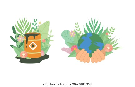 Human Hands Holding Planet with Green Foliage and Tank with Fuel as Environmental and Ecology Protection Vector Set
