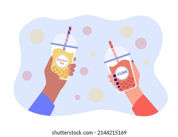 Human hands holding plastic cups with cool bubble tea and straws. Persons enjoying Asian popular sweet boba drink, delicious and cold pearl milk beverage flat vector illustration. Dessert concept