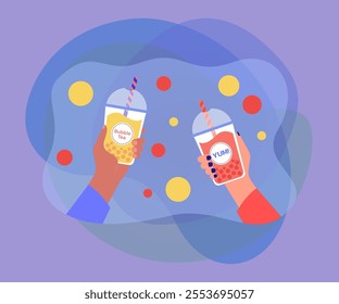 Human hands holding plastic cups with cool bubble tea and straws. Persons enjoying Asian popular sweet boba drink, delicious and cold pearl milk beverage flat vector illustration. Dessert concept