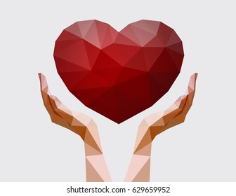 Human hands holding polygonal heart. Love, peace and donation concept. Charity event. Vector illustration for non-profit organisation