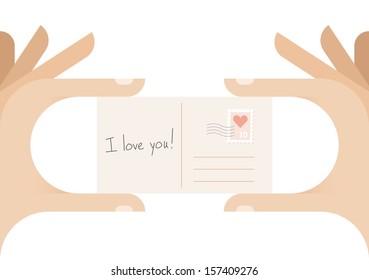 Human hands holding postcard with heart stamp and "I love you!" text. Idea - Declaration of Love postcard with free space for your Love's name:)