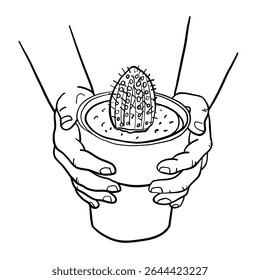 Human hands holding pot of cactus. Exchange of plants. Plant swap, indoor plants exchange. Home gardening concept. Local business plant shop