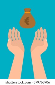 Human hands holding a pouch of money with a euro sign. Business, finance, saving money concept. Isolated vector illustration flat design.