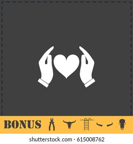 Human hands holding and protect heart icon flat. Simple vector symbol and bonus icon