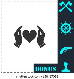 Human hands holding and protect heart icon flat. Simple vector symbol and bonus icon