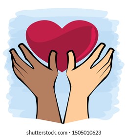 Human hands holding and protect red heart love and health symbol illustration. Random acts of kindness day emblem isolated vector illustration. World altruistic holiday event label.
