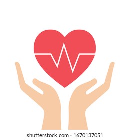 Human hands holding and protect red heart. Isolated on white background. Medicine and health care concept. Vector illustration flat design.