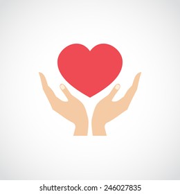 Human hands holding and protect red heart love and health symbol vector illustration