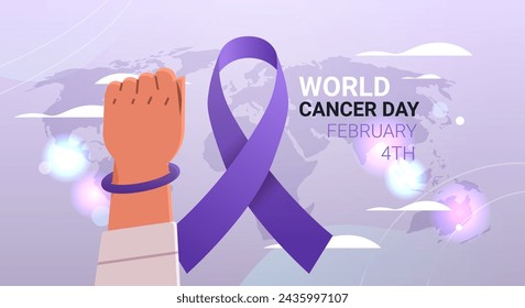 human hands holding purple ribbon world cancer day breast disease awareness prevention poster 4 february