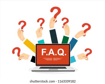 Human hands holding question mark, FAQ in flat design style, vector illustration