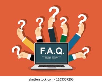 Human hands holding question mark, FAQ in flat design style, vector illustration