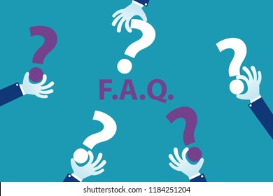 Human hands holding question mark FAQ text in the middle isolated on blue, frequently asked questions concept. Eps 10 Vector illustration Minimalist white blue purple flat business style modern design