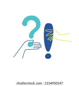 Human hands holding question mark and exclamation mark. Hand drawn vector illustration. Black and white