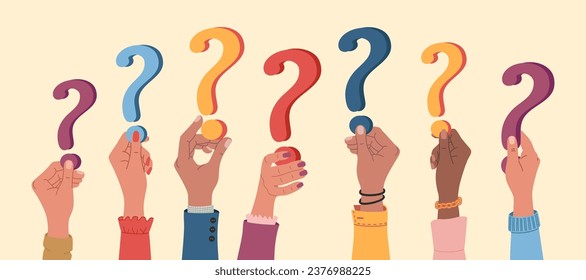 Human hands holding questions marks. FAQ and questions concept. Hand drawn vector vector illustration isolated on light background. Modern flat cartoon style.