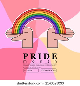 Human hands holding rainbow colorful pink background  Creative lgbtq pride month web advertisement banner  landing page  greeting post card poster  Funny cute pink banner in 90s style 
