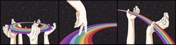 Human Hands Holding Rainbow. Road In Starry Space. Retro LGBT Poster