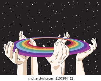 Human hands holding rainbow. Road in starry space. Retro LGBT poster
