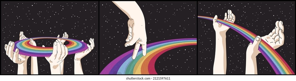 Manos humanas sosteniendo el arco iris. Camino en el espacio estrellado. Afiche retro LGBT