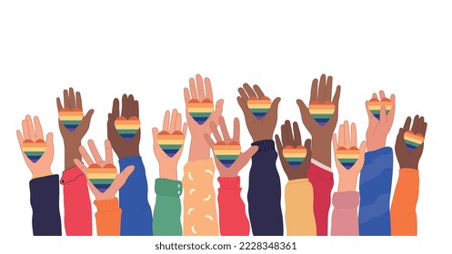 Manos humanas sosteniendo banderas de arco iris transgénero y lgbt durante el mes del orgullo, la celebración del día o el desfile. Ilustración vectorial plana