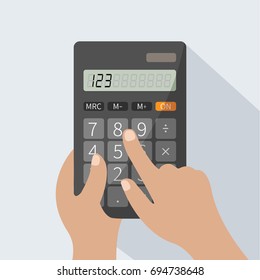 human hands holding realistic simple vector pocket calculator cartoon. keypad for business & finance print isolated. electronic calculator concept. learning math & calculate numbers flat design style.