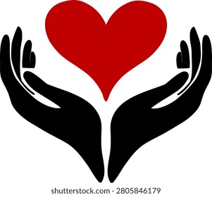 Human hands holding red heart vector illustration, concept of care, charity, healthcare and love isolated on white background with copyspace