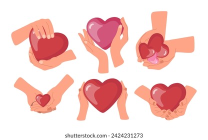 Human hands holding red hearts sending love and adoration isolated set on white background