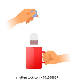 Human hands is holding a red teacup and brewing tea. Hand holds by the handle the hot mug with steam and another holds the tea bag. Flat vector illustration. Material design element isolated on white.