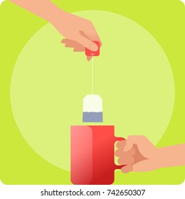 Human hands are holding a red teacup and brewing up the tea. Hand holds by the handle the hot mug with boiling water and another holds the tea bag. Flat vector illustration. Material design elements.