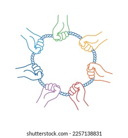 Human hands holding rope together. Hand drawn vector illustration.