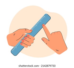 Human hands holding ruler, measuring length. Person pointing finger at educational tool flat vector illustration. Measurement, math lesson concept for banner, website design or landing web page