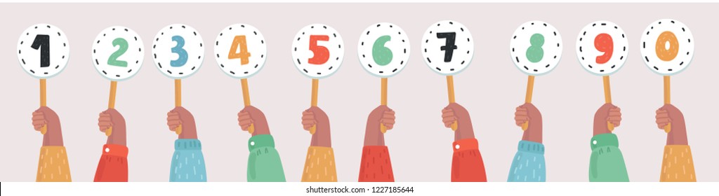 Human hands holding score cards. Set of numbers and in different colors. Colored scorecards. Concept: Juries assessment on the competition. Vector cartoon illustration in modern concept