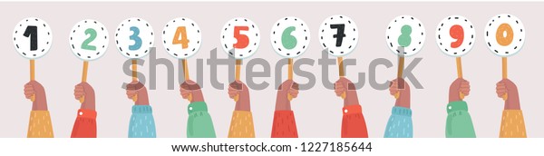 Human hands\
holding score cards. Set of numbers and in different colors.\
Colored scorecards. Concept: Juries assessment on the competition.\
Vector cartoon illustration in modern\
concept