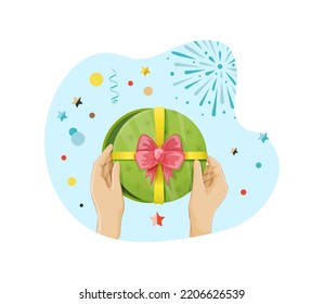 Human hands holding shaped circle gift box. View from above of hands opening present box. Gift of love, Happy Valentine concept cartoon vector
