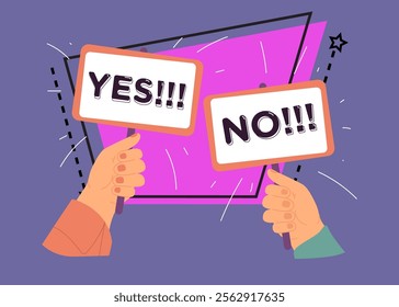 Human hands holding sign plates with yes and no text. Correct choice, survey and voting, true or false, positive and negative opinion, agreement and disagreement concept  for banners