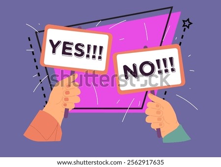 Human hands holding sign plates with yes and no text. Correct choice, survey and voting, true or false, positive and negative opinion, agreement and disagreement concept  for banners