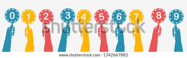 Human hands holding silhouette colorful score\
cards. Set colored scorecards. Juries assessment on competition.\
Judges holding score. Vector illustration flat design. Isolated on\
background.