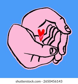 Human hands holding small heart. Tiny red heart lying in palms. Hand drawn modern Vector illustration. Isolated design element. Poster, print, sticker template. Care, support, love concept