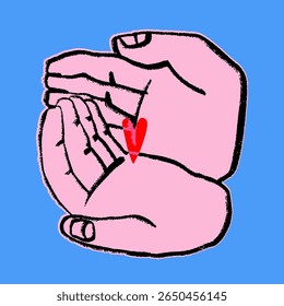 Human hands holding small heart. Tiny red heart lying in palms. Hand drawn modern Vector illustration. Isolated design element. Poster, print, sticker template. Care, support, love concept