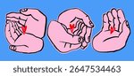 Human hands holding small hearts. Tiny red hearts lying in palms. Hand drawn modern Vector illustration. Isolated design elements. Poster, print, sticker templates. Care, support, love concept